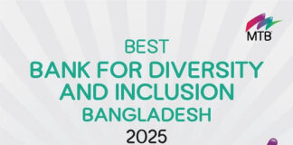 এমটিবি টানা চতুর্থবারের মতো ইউরোমানি’র ‘বেস্ট ব্যাংক ফর ডাইভারসিটি অ্যান্ড ইনক্লুশন’ স্বীকৃতি অর্জন করলো