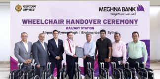 মেঘনা ব্যাংক বিমানবন্দর, ময়মনসিংহ, ব্রাহ্মণবাড়িয়া ও সিলেট স্টেশনের জন্য বাংলাদেশ রেলওয়েকে হুইলচেয়ার হস্তান্তর করলো